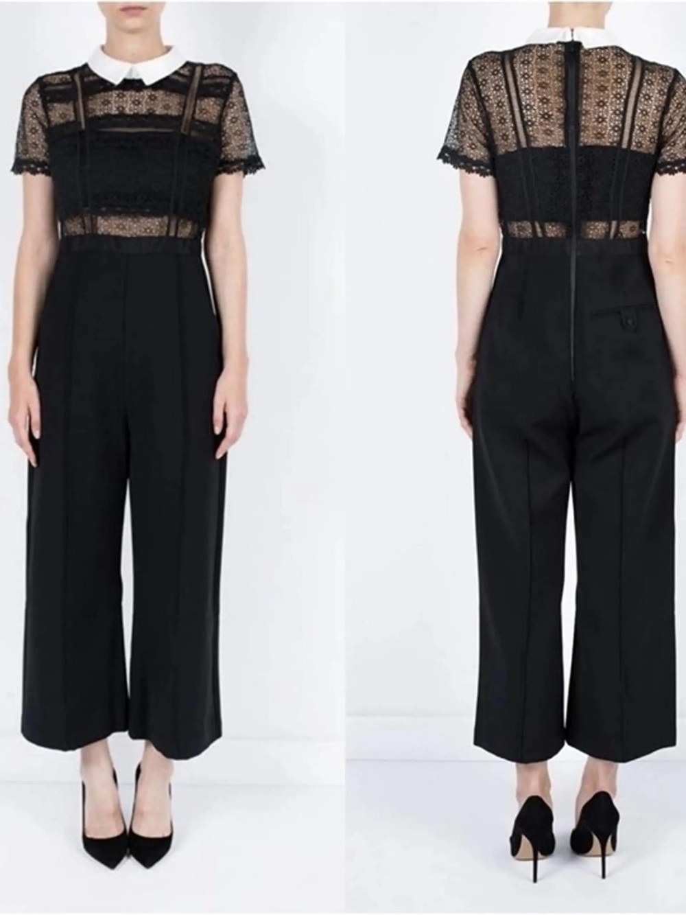 Self Portrait Black Lace Top Wide-Leg Jumpsuit